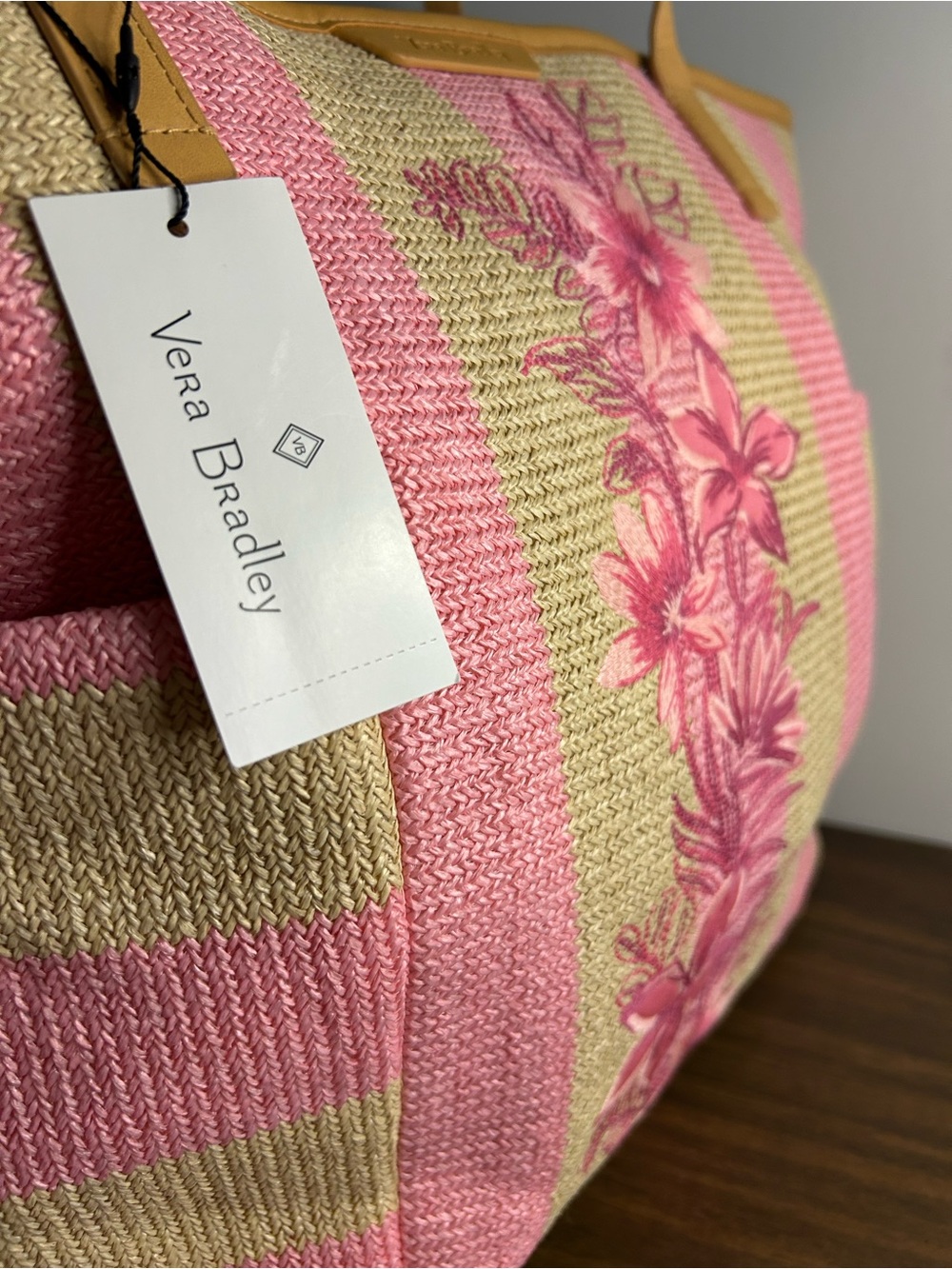 Vera Bradley NWT Candy Pink Stripe Straw Beach Tote Floral Woven Large Zip Bag - Picture 3 of 12